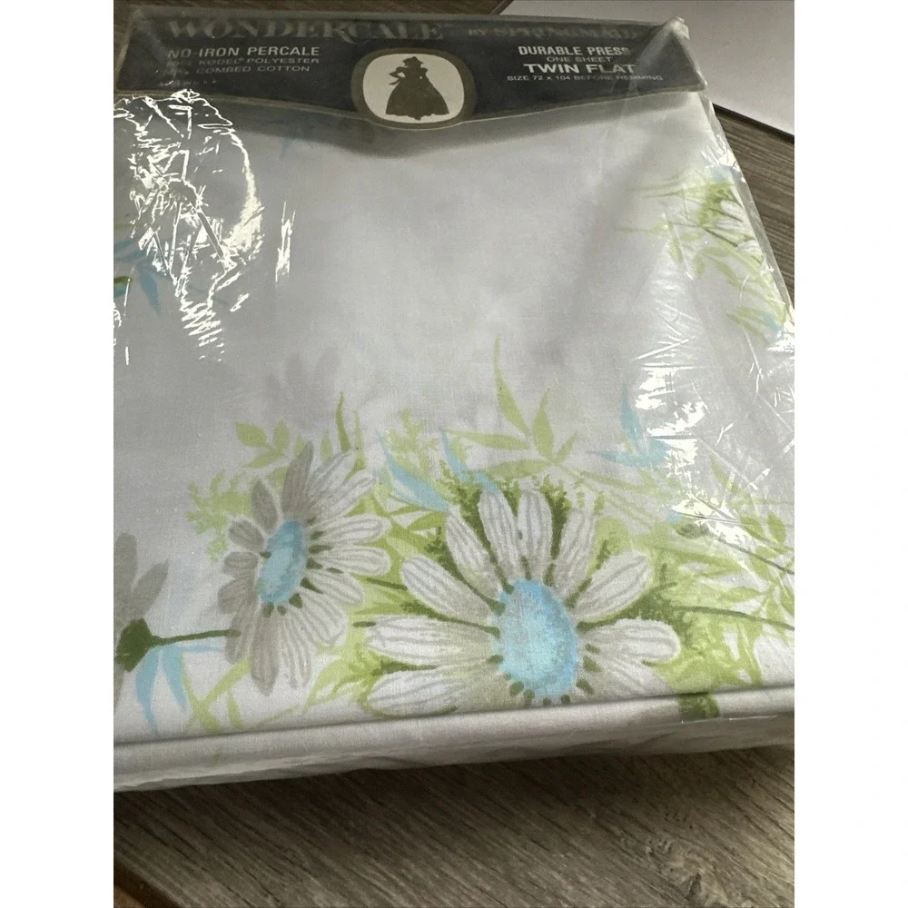 Springmaid Flat Sheet Twin White Blue NIB VTG Wondercale Daisy Floral Percale